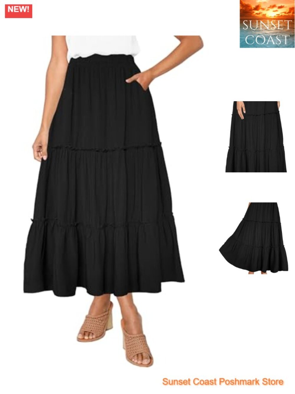 High Waist A Line Ruffle Swing Long Maxi Skirt with Pockets